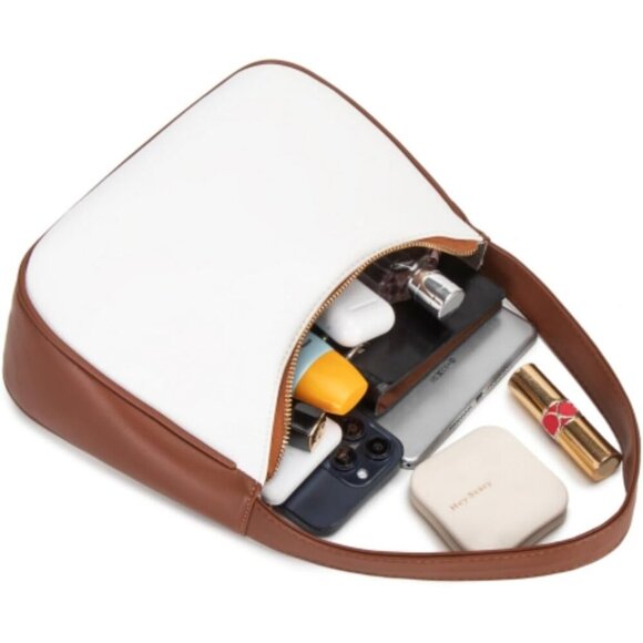 Women White Brown B Imported Polyester Leather Zipper Closure Mini Tote Handbag - Picture 5 of 5